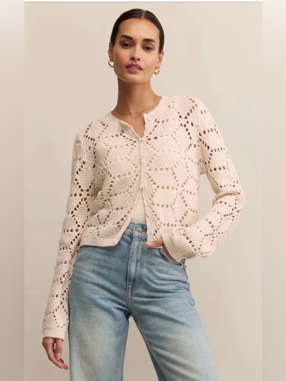 Z Supply Rosalyn Knit Cream Diamond Pattern Cotton Cardigan Size Large